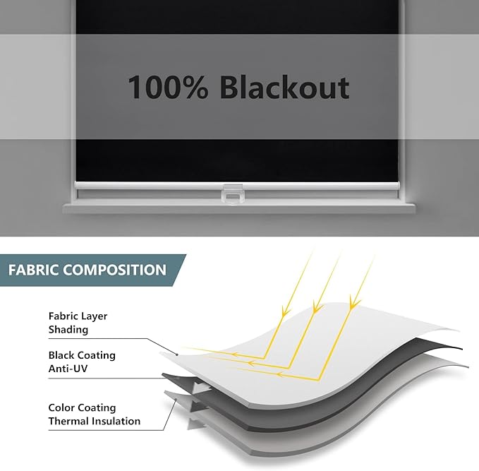 Cordless Roller Shades Blackout Blinds for Windows Room Darkening Rolled Up Shades with Spring System, UV Protection Window Shades Door Blinds for Home and Office (22" W x 72" H, Black)