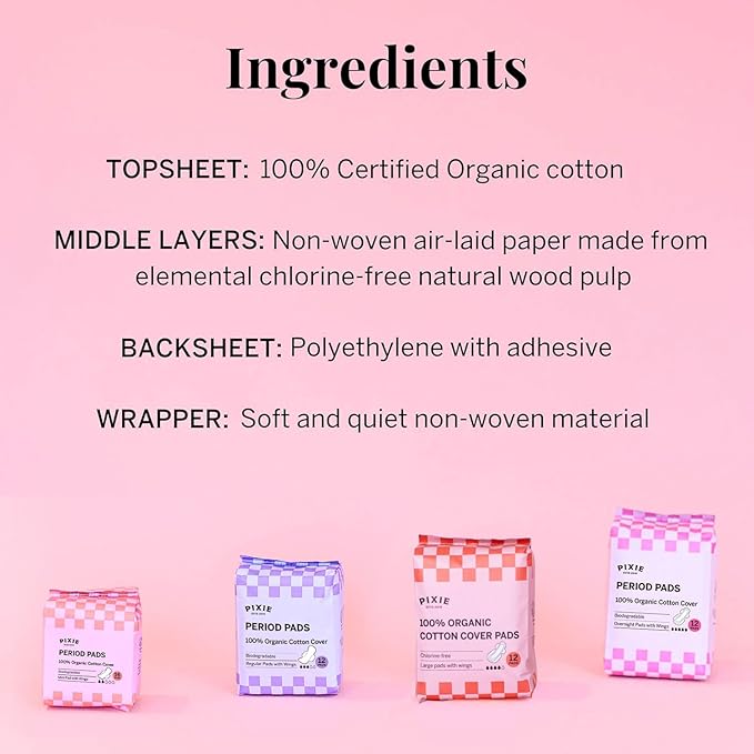Pixie Organic Cotton Large Pads for Women - Extra Heavy Absorbency with Wings - Leak-Proof, Hypoallergenic & Unscented - Compostable, Biodegradable - 48 Count
