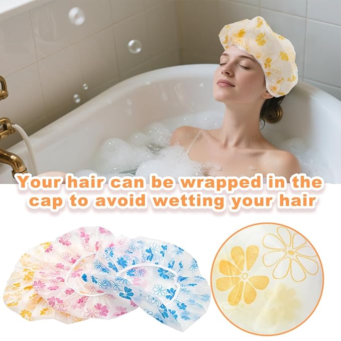 18Pcs Plastic Shower Caps for Women Waterproof Bath Caps Bathing Hair Cap Reusable Shower Caps for Shower,Spa,Salon,Housework,Girls,Home,Travel (Yellow+Red+Blue-Flower)