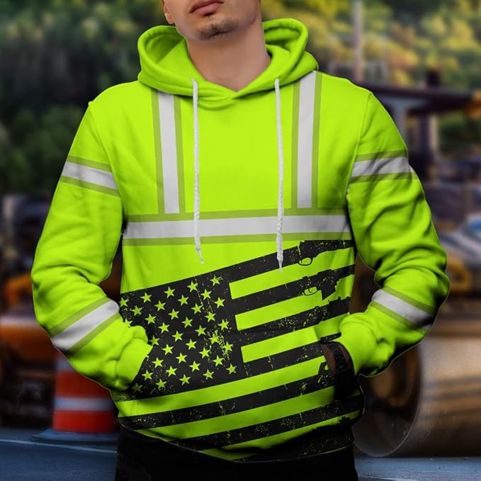 Color US Flag High Visibility Hoodie for Men Women Reflective Tapes Safety Workwear for Worker Runner Patriotic