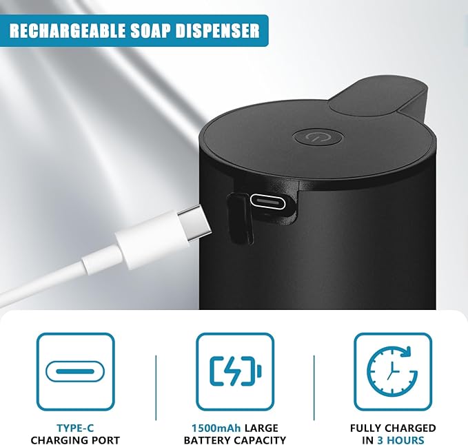 Automatic Soap Dispenser Stainless Steel with Sensor Infrared Soap Dispenser Electric IPX5 Waterproof USB-C Charging Motion Sensor for Kitchen & Bathroom (Black Foam)