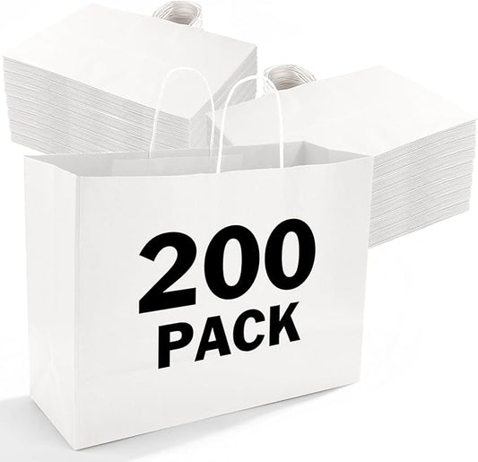 XPCARE 200Pack Large Paper Gift Bags with Handles Bulk,16x6x12 Inch Kraft Bag Packaging White Paper Bags for Birthday Party Boutiques Business Retail Stores Merchandise