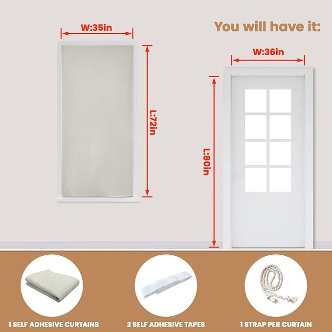 Adhesive Curtain,100% Blackout Curtains, No Drilling, Suitable for Multi-Scenes Privacy Protection (Light Beige - W35 × L72 in)