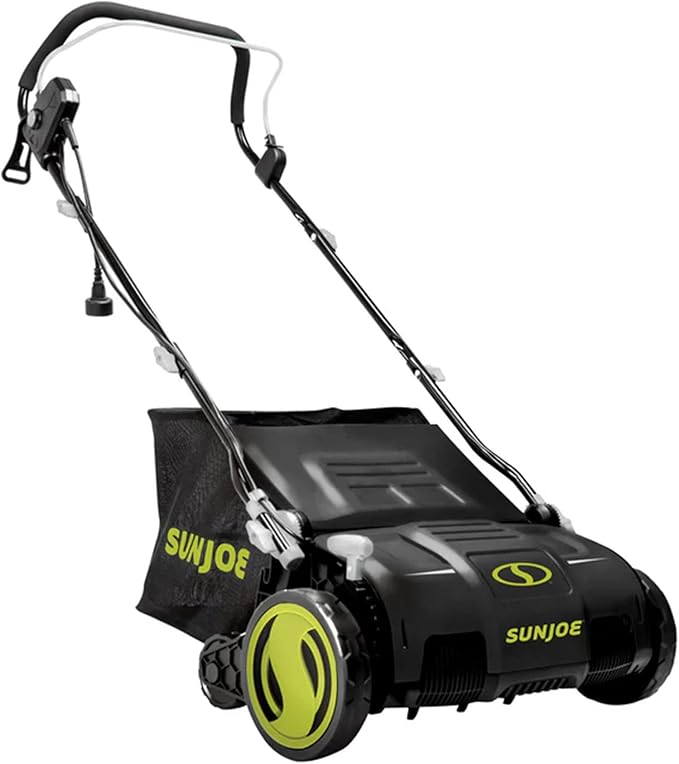Sun Joe Corded Dethatcher & Scarifier with 13.2-Gal Bag, 15-Inch Cutting Width, 13-Amp Motor - Heavy-Duty Yard Trimmer for Gardening Care and Lawn Maintenance, AJ805E