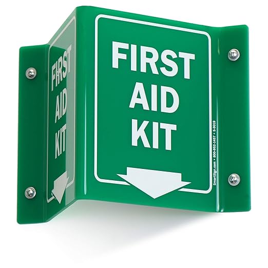 SmartSign First Aid Kit Projecting Sign with Down Arrow - 5" x 6", V-Shaped Acrylic Sign for Hallway, Corridor, Green and White, Made in USA