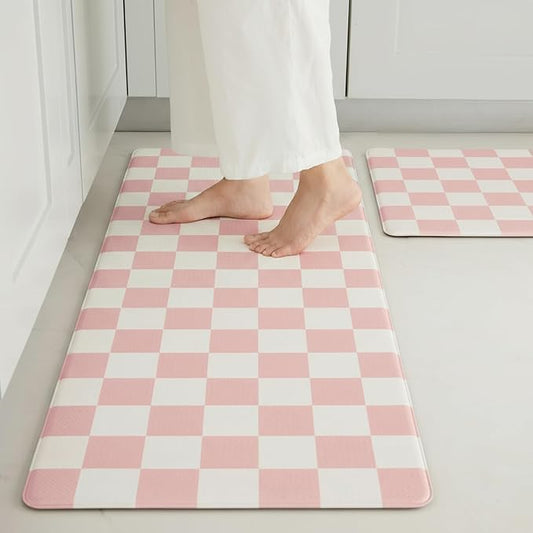 Pink Checkered Kitchen Mats for Floor Set of 2, 2 Pcs Cushioned Non Slip Runner Rugs for Kitchen/Sink/Laundry, Comfort Aesthetic Cute Anti-Fatigue Foam Floor Mat 17.3"x29.5"+17.3"x47.2"