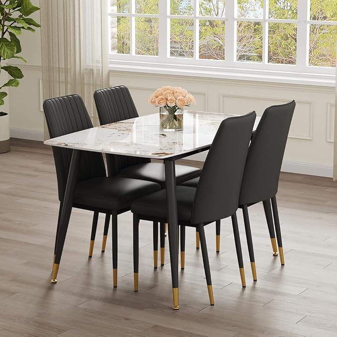 5 Pieces Modern Sintered Stone Dining Table Set 50" Rectangular Faux Marble Tabletop Kitchen Table with 4 PU Leather Chair Dinette Set(1Faux Marble Table+4Black Chairs)