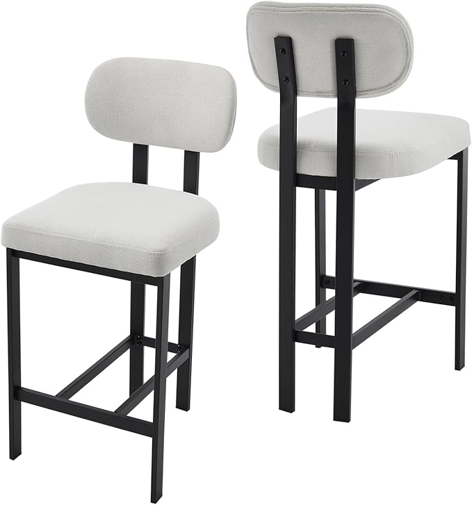Modern Counter Stools Set of 2, 26" Upholstered Barstools with Back, Sturdy Black Metal Legs Dining Stools with Footrest for Home Pub Kitchen, Cream