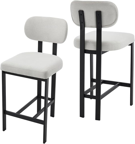 Modern Counter Stools Set of 2, 26" Upholstered Barstools with Back, Sturdy Black Metal Legs Dining Stools with Footrest for Home Pub Kitchen, Cream