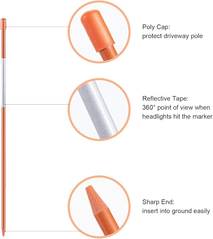 CZC AUTO 50PCS 48 Inch Driveway Marker Reflectors 5/16 Inch Dia Orange Fiberglass Snow Stakes with Reflective Tape for Easy Visibility Reflective Driveway Poles for Snow Plowing with Gloves&Drill Bit