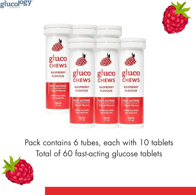 Glucochews Raspberry Glucose Tablets – 60 Tablets (10 per Tube, 6 Pocket-Sized Tubes) – 3.8g Fast-Acting Glucose Each – Boosts Energy – Gluten-Free, Fat-Free, Caffeine-Free