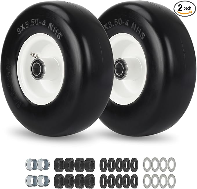 9x3.50-4 Flat Free Lawn Mower Tire and Wheel, Smooth Tread Tire for Zero Turn Mowers, Bearing Bore 3/4" & 5/8", Centered Hub Length 3.5"-4"-4.5"-5", 2 PCS