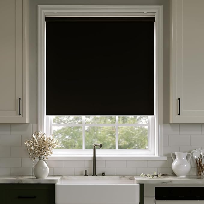 Cordless Roller Shades Blackout Blinds for Windows Room Darkening Rolled Up Shades with Spring System, UV Protection Window Shades Door Blinds for Home and Office (Black, 30" W x 72" H)