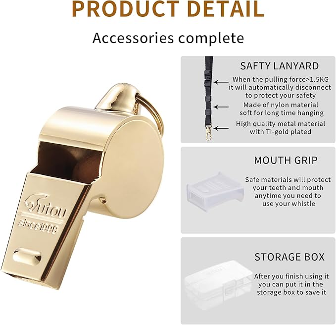 HUTOU L4820 Whistle, Brass Coach Sports Whistle with Lanyard, Loud Crisp Sound Whistle Ideal for Coaches, Referees, and Officials