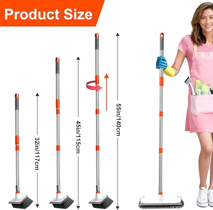 BITOPE 55" Deck Brush Long Handle Scrub Brush with Stiff Bristle 2 in 1 Heavy Duty Floor Scrubber Brush for Cleaning Floor Garage Bathroom Kitchen Wall Patio Concrete Balcony