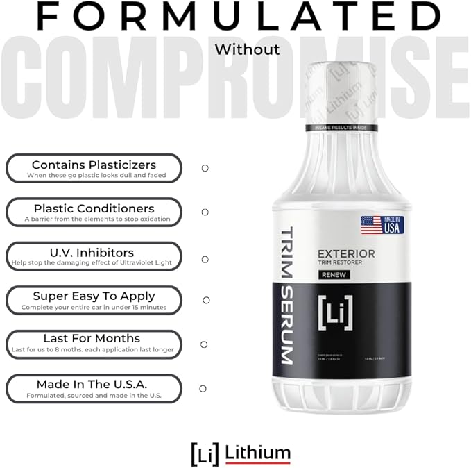 Trim Serum- Plastic Restorer for Cars- Restores Even the Most Damaged Plastic, Rubber, and Vinyl - Black Trim Restorer That Lasts For Months - Penetrates Plastic Pores Restoring Color (16 Oz)