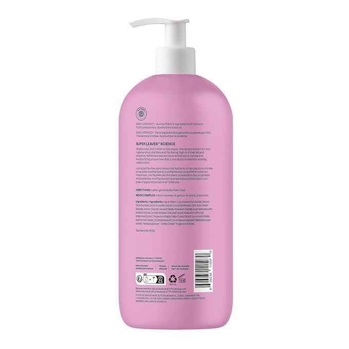 ATTITUDE Body Wash, EWG Verified Shower Gel, Dermatologically Tested, Plant and Mineral-Based, Vegan Personal Care Products, White Tea Leaves, 32 Fl Oz (Pack of 6)