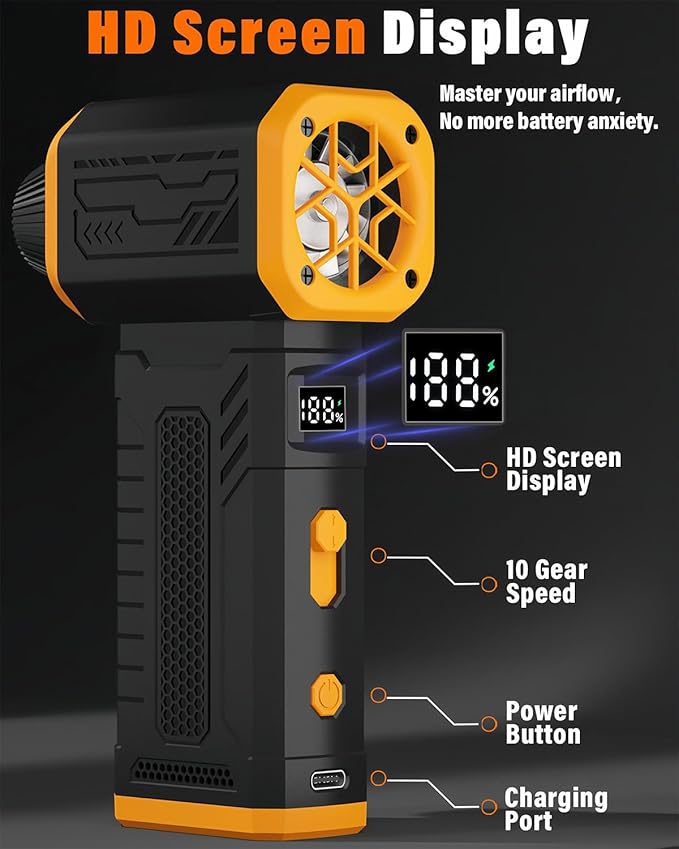 Compressed Air Duster, 130K RPM Powerful Cordless Electric Mini Blower with Display, 10-Gear Adjustable Jet Fan with Fast Charging, Rechargeable Air Blower for Home, Outdoor and Car (Black, Blow)