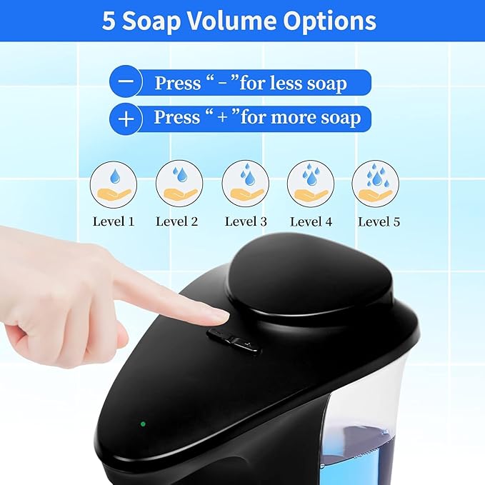 FKWin Automatic Soap Dispenser, Touchless Hand Soap Dispensers 17oz/500ml with 5 Adjustable Soap Levels, Kitchen Soap Dispensers, Liquid Hand Soap Dispenser Bathroom, Black
