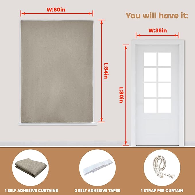 Adhesive Curtain,100% Blackout Shades,No Rod,Easy to Install,Provides Privacy Protection for Bedrooms (Light Coffee - W60 × L84 in)