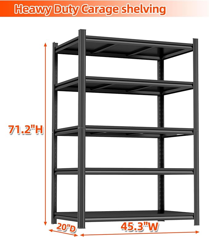 5-Tier Garage Shelving, Heavy Duty Garage Storage Shelves, 2500LBS Industrial Metal Shelving Unit, Adjustable Steel Utility Shelf, Use for Basement, Warehouse, Pantry Closet, Workshop, Black