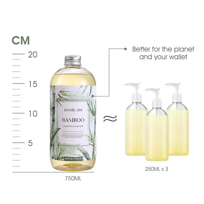 ROMIIE ZOI Liquid Hand Soap Refills Set – Bamboo Scent – 750ML x 3 Bottles Refill – Gentle Formula with Essential Oils – Biodegradable & Cruelty-Free for Sensitive Skin, Kitchen & Bathroom