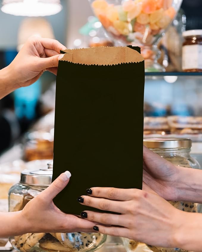 Bakepacker 100 Pcs Black Treat Paper Bags with 100 Stickers 5.1"x3.1"x9.4" Kraft Small Party Gift Bag Snack Bag without Handle