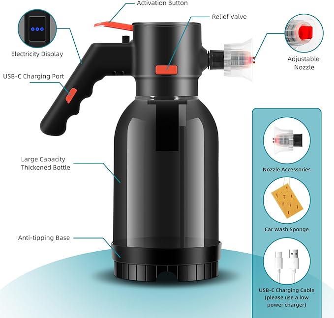 Uten Cordless Electric Foam Sprayer - 2L Foam Pump Sprayer, Car Washing Applicator, Tangle-Free for Cars, Daily Cleaning, Pets