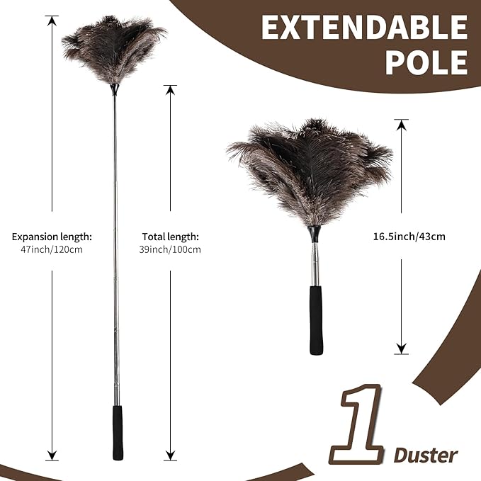 Ostrich Feather Duster 16.5-47Inch Reusable Fluffy Natural Detachable Ostrich Feather Duster Used for Household Cleaning and High-Altitude Cleaning (1PCS)
