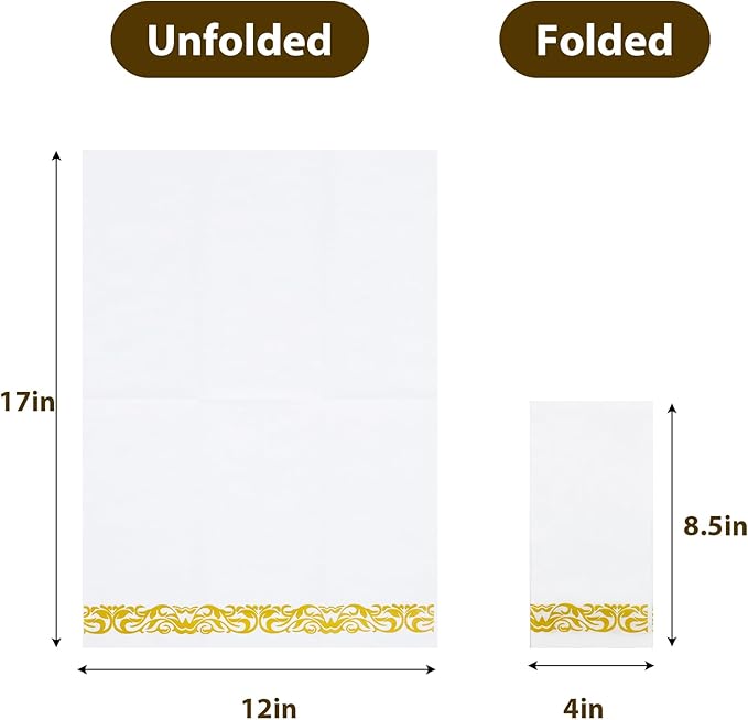 Moretoes 120 Pack Disposable Paper Hand Towels for Bathroom, Linen-Feel 12" x 17" Single-Use Bathroom Napkins for Guests, Disposable Cloth-Like Hand Tissue Paper, Gold and White