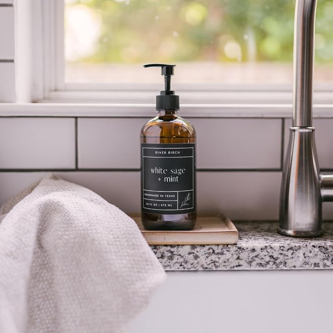 River Birch White Sage + Mint Scented Natural Hand Soap - Handmade Soap - Moisturizing Hand Wash with Amber Glass Dispenser - Luxury Scented and Hydrating - Vegan and Non-Toxic - 16 Fl Oz