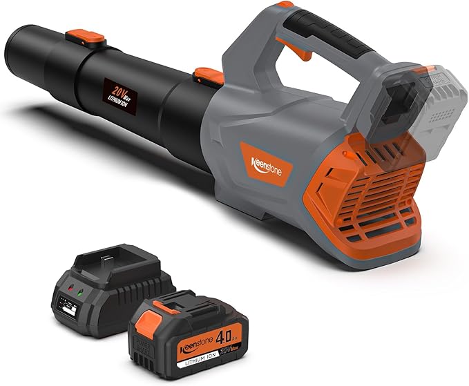 Keenstone Leaf Blower, 20V Cordless Leaf Blower Max 450-CFM 105-MPH with 4.0Ah Battery and Fast Charger, Stepless Speed Control, Lightweight Electric Leaf Blower for Patio, Lawn, Yard Cleaning
