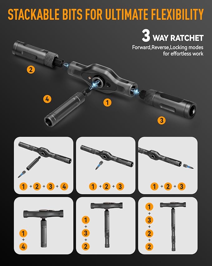 DISEN 42 in 1 Ratcheting Screwdriver Set with 58-Tooth Handle & Magnetic Pickup, 40 S2 Steel Bits Long/Short, Professional Repair Kit for Electronics, Computer, Furniture,Bike, Ideal Gift for Men