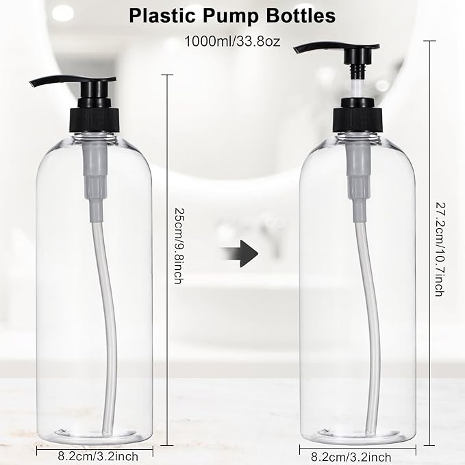 Yebeauty Pump Bottle Dispenser, 33.8oz 1000ml Empty Plastic Shampoo and Conditioner Dispenser, Refillable Shower Soap Dispenser Pump Bottle Containers for Bathroom Kitchen, 2 Pack Clear
