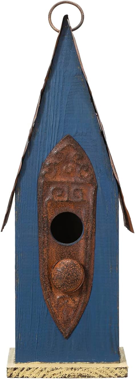 Glitzhome 13.25" H Retro Blue Distressed Solid Wood Birdhouse Hanging Garden Bird House for Outdoors