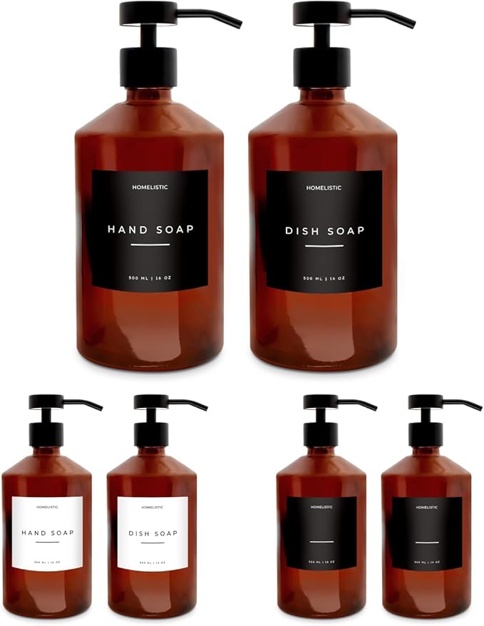 Luxury Glass Soap Dispenser Set of 2 - Elegant Amber Bottles with Matte Black Pumps, Ideal for Kitchen and Bathrooms, Perfect Glass Pump for Modern Homes.