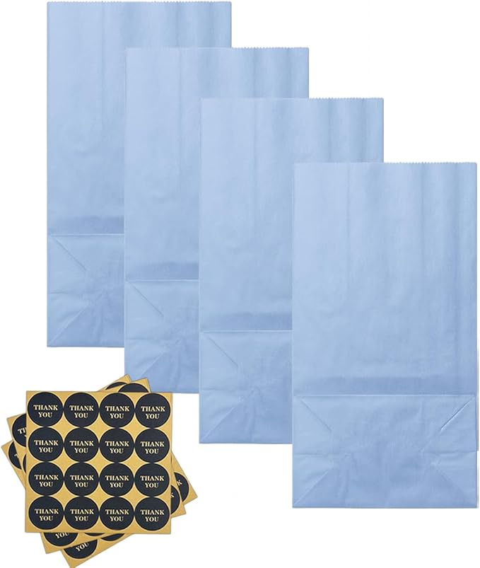 Bakepacker 100 Pcs Light Blue Treat Paper Bags with 100 Stickers 5.1"x3.1"x9.4" Small Party Gift Bag Snack Bag without Handle