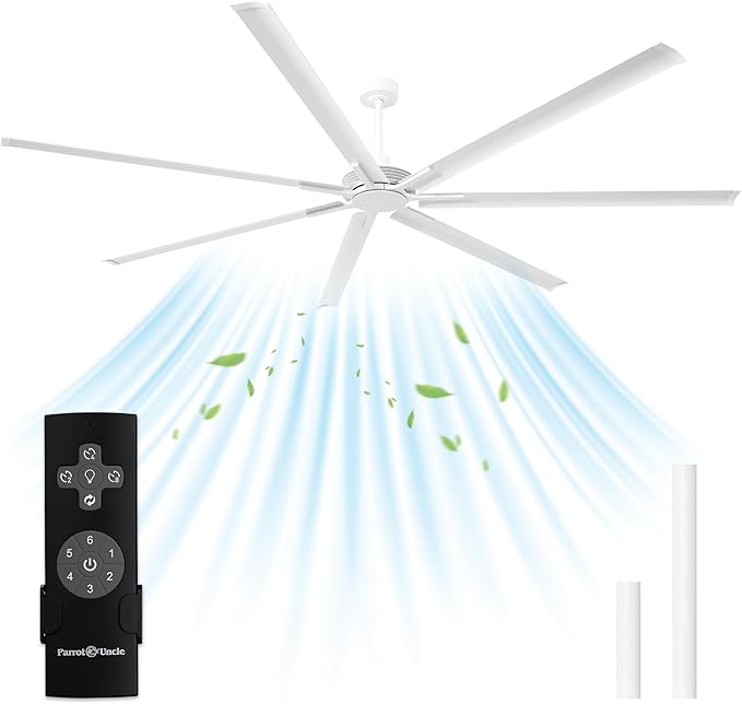 Industrial Ceiling Fans with Remote Control, 100 Inch White DC Motor Ceiling Fans without Lights for Living Room Shop Garage Bedroom Indoor Outdoor, 6-Speed Reverse/Forward, Dimmable, 3CCT, Timer
