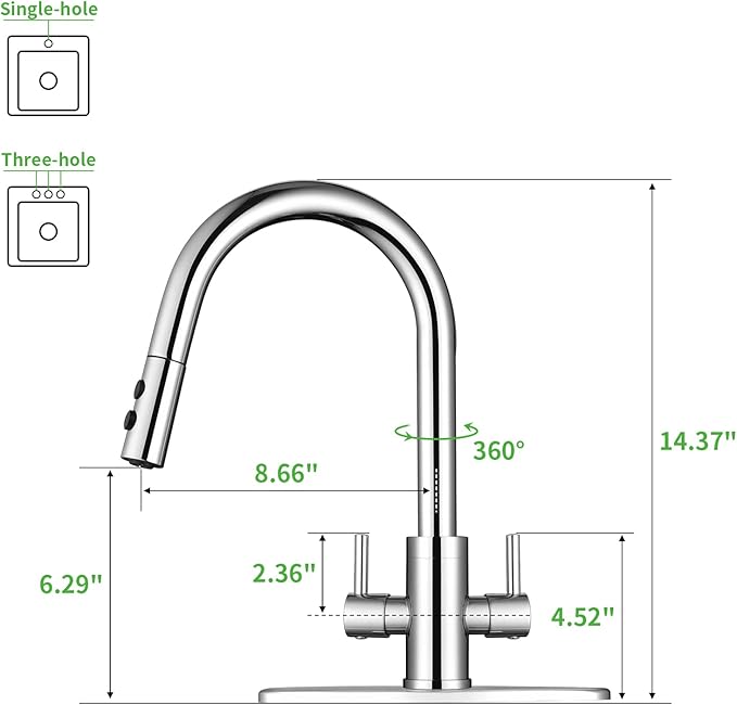 Kitchen Faucet, Two Handles Sink Faucet with Sprayer, Stainless Steel, Chrome, PB1049