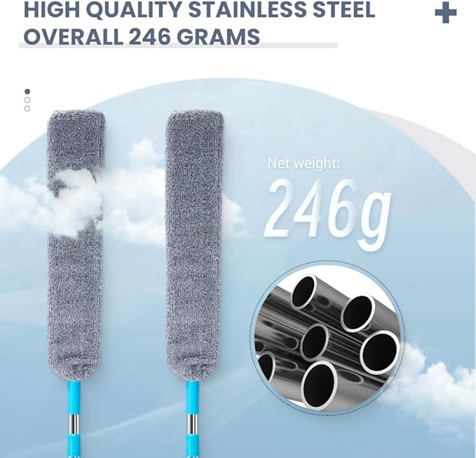 Retractable Gap Dust Cleaner with 4 Reusable Dusting Cloths, Wet & Dry Sweeper Stick Dusters, Bendable Flexible Duster with Extension Pole for Gap Cleaning Under Appliances Furniture (Extra Long)