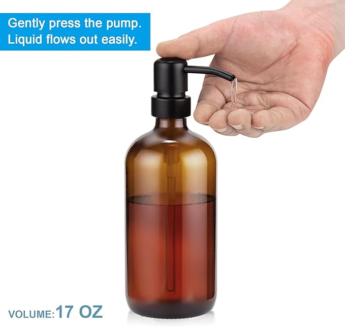 AmazerBath Amber Glass Soap Dispenser, 2 Pack Soap Dispenser Set with Stainless Steel Pump, Vintage Liquid Brown Soap Dispensers Bottle, 17 Oz Dish Soap and Hand Soap Dispensers for Bathroom Kitchen