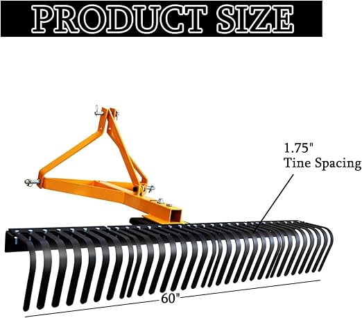 5 FT Landscape Rock Rake, 3 Point Attach Rake with 360 Degree Rotation Tow-Behind Garden Tool for Compact Tractors, Category 1