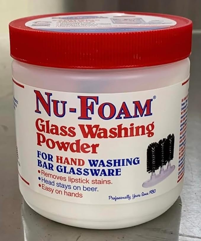 Nu-Foam Glass Washing Powder - Detergent for Bar Glassware – Original Streak-Free Solution - Hand Washing Bar, Tavern, Brewery Supplies - Concentrated 1 Lb Jar