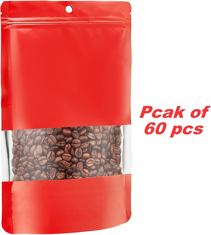 60 Pack Stand up Matte Metallic Storage Bags with Clear Front Window Heat-Sealable Resealable Solid Color Pouches for Food Storage Containers Organizer(Red,5.5 * 7.9 inch,Pack of 60)
