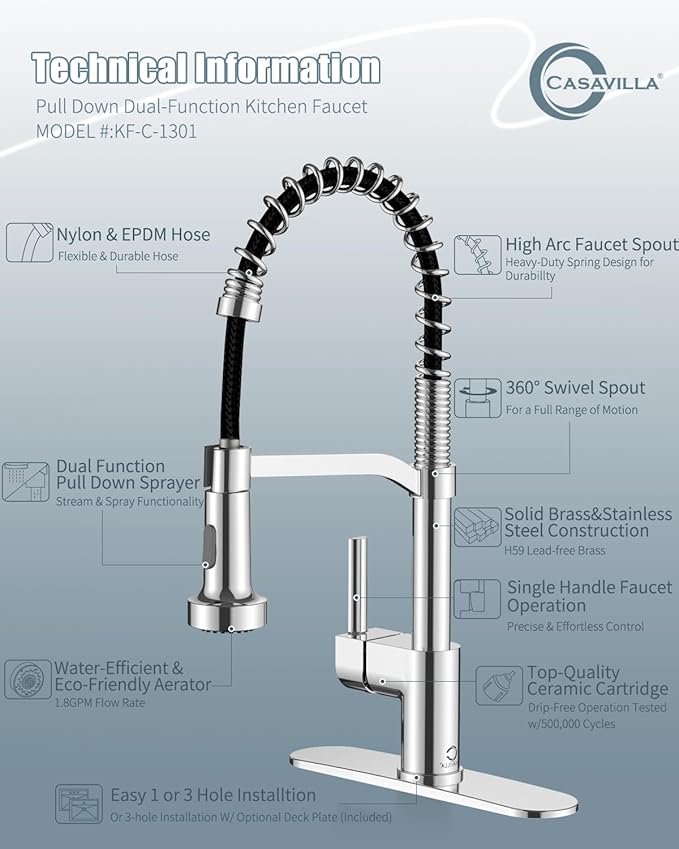 Chrome Kitchen Faucet with Soap Dispenser, Faucet for Kitchen Sink, Kitchen Sink Faucet with Deck Plate, RV Kitchen Faucet with Pull Down Sprayer and Dual Function Spray Head