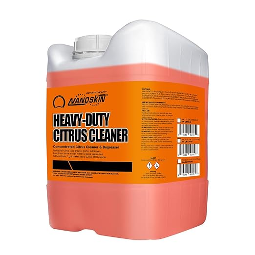 Nanoskin Heavy-Duty Citrus Cleaner & Degreaser Concentrate 5 Gallon, Low-Foam Solvent, Dilutes up to 1:32, Cuts Grease Tar Adhesives, Safe on Metal Concrete Engines, For Auto Detailing, Shop & Home