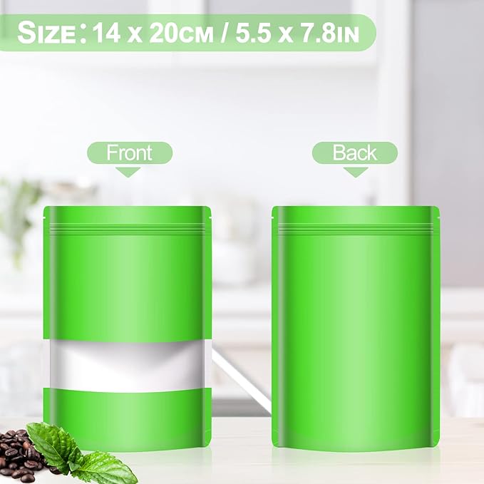 100 Pack Smell Mylar Proof Bags for Food Storage, Resealable Packaging Bags for Small Business, Stand Up Foil Pouches Reusable Heat Sealable Bags with Clear Window (Green, 5.5x7.8 In)
