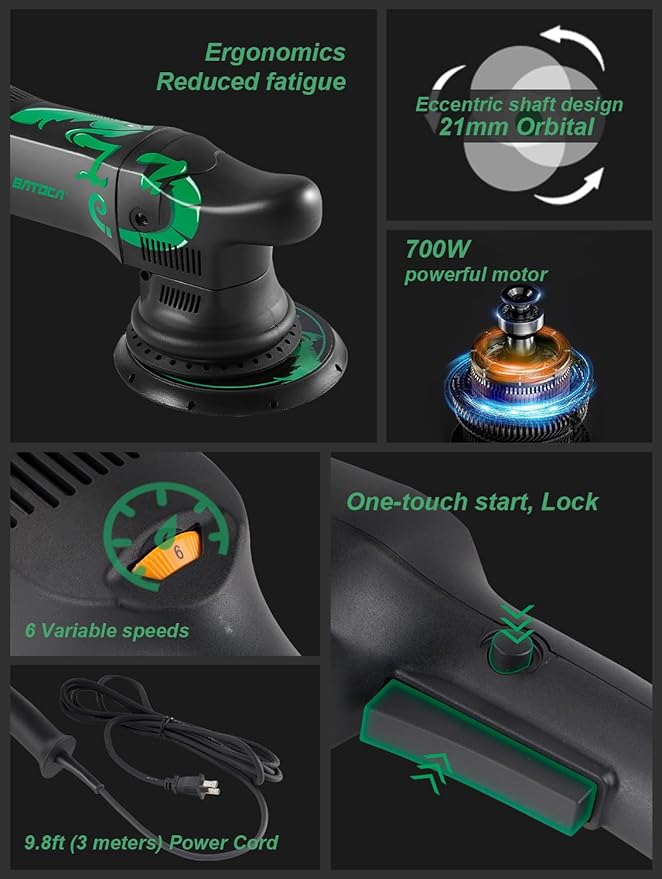 BATOCA Dual Action Polisher, Auto Buffers and Polishers, DA Buffer for Car Detailing, 6 Inches and 700w Random Orbital ,6 Variable Speed with Polishing Pads for Waxing,Buffing,Sanding,Polishing