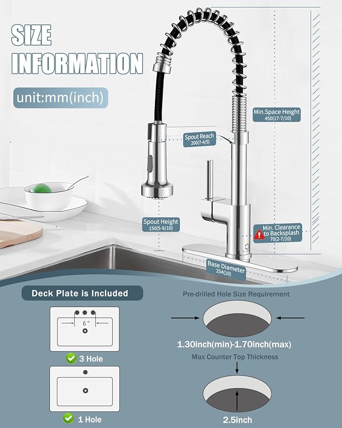 Chrome Kitchen Faucet with Soap Dispenser, Faucet for Kitchen Sink, Kitchen Sink Faucet with Deck Plate, RV Kitchen Faucet with Pull Down Sprayer and Dual Function Spray Head