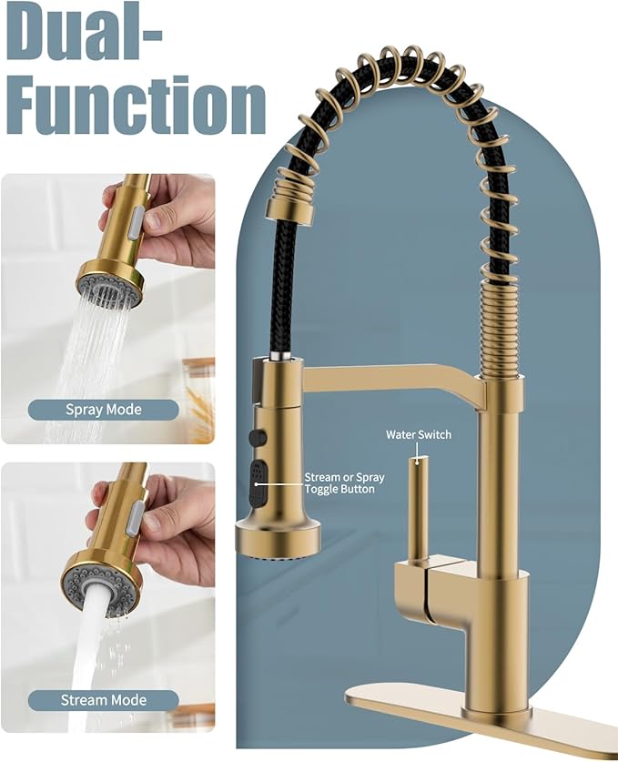 Gold Kitchen Faucet Soap Dispenser, Faucet for Kitchen Sink, Kitchen Sink Faucet with Deck Plate, RV Kitchen Faucet with Pull Down Sprayer and Dual Function Spray Head